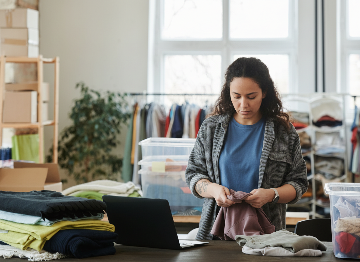 Dona de marca de moda no ateliê, entre araras de roupa, conferindo os pedidos no notebook