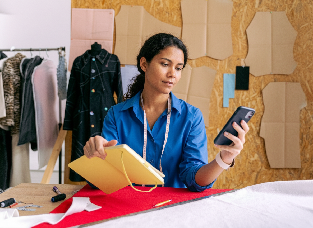 Dona de marca de moda no ateliê, com o celular numa mão e o caderno de anotações na outra